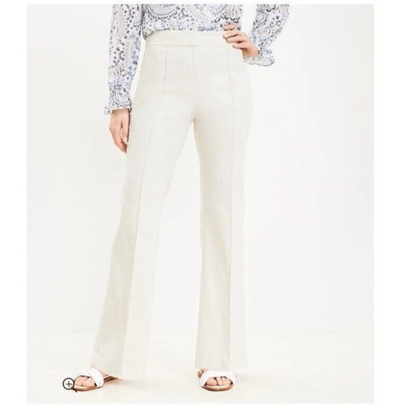 NWT LOFT Beige Flare Pintucked Cotton Linen Pants - Picture 3 of 9